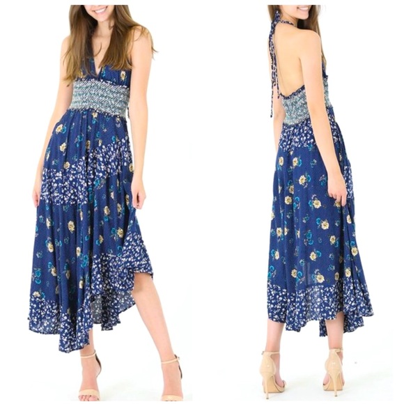 Blue Floral Smocked Halter Angled Hem Midi Dress - Picture 2 of 2